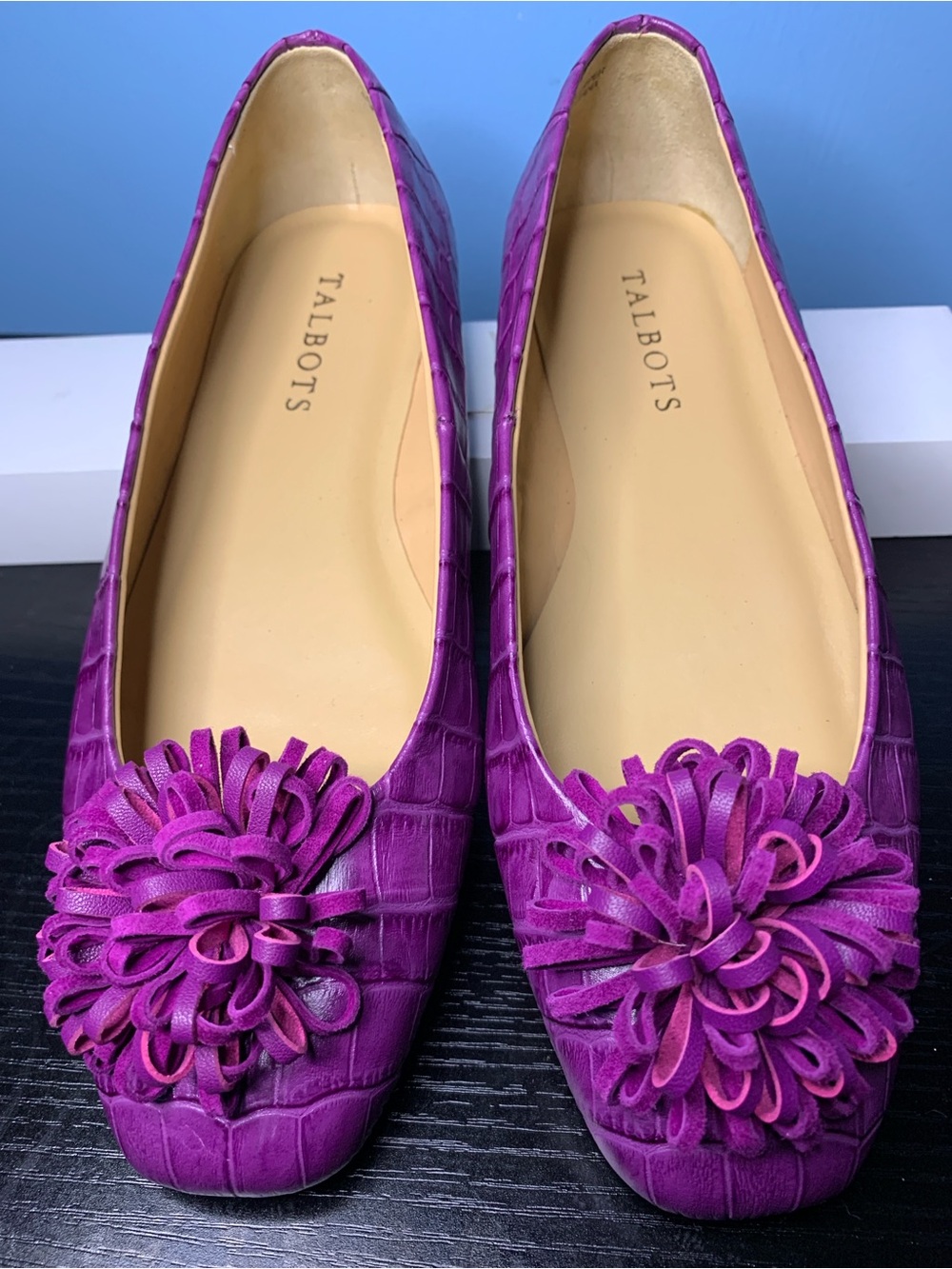 Talbots Fuchsia Floral Appliqué Croc-Embossed Ballet Flats